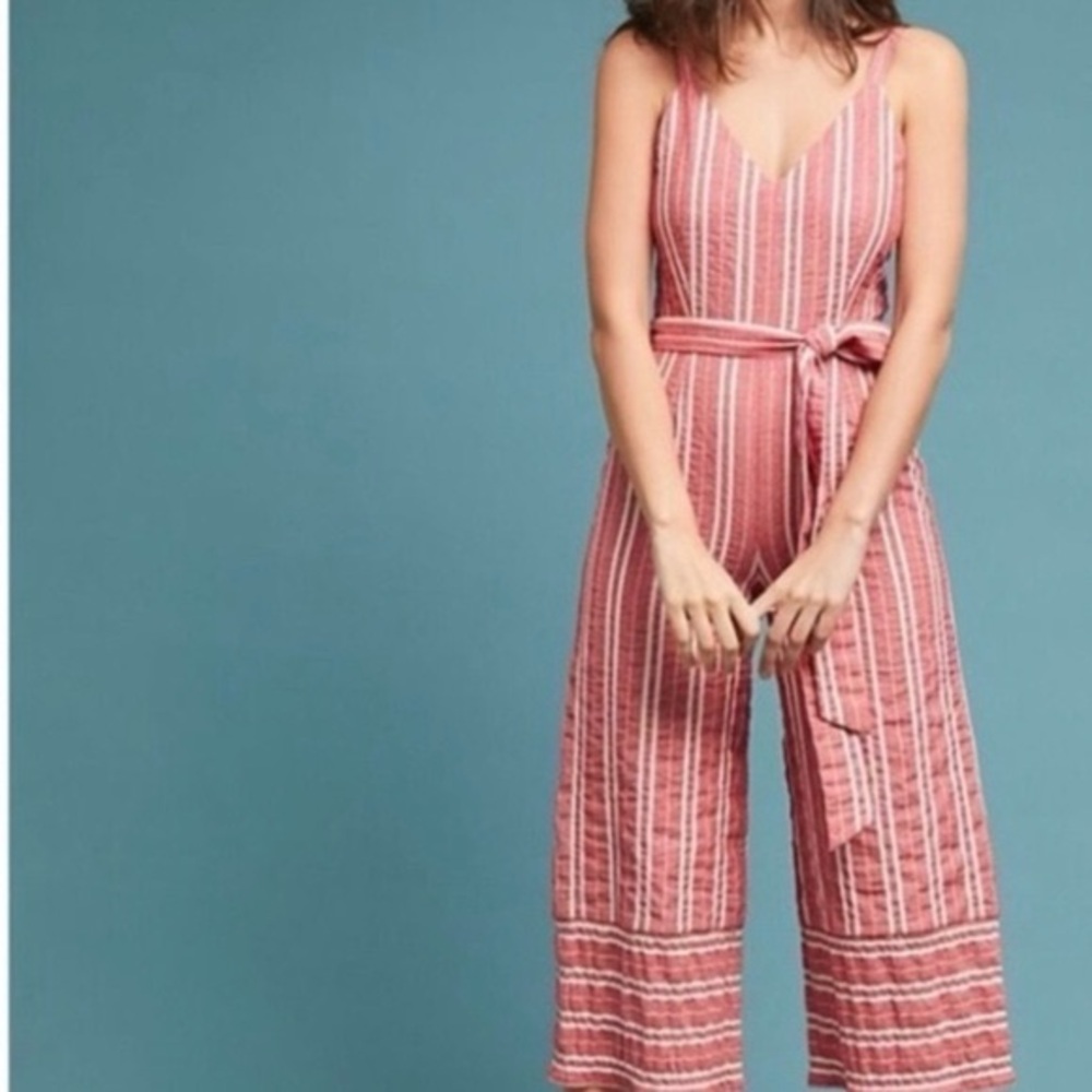 Anthropologie lined wide leg red and white striped jumpsuit